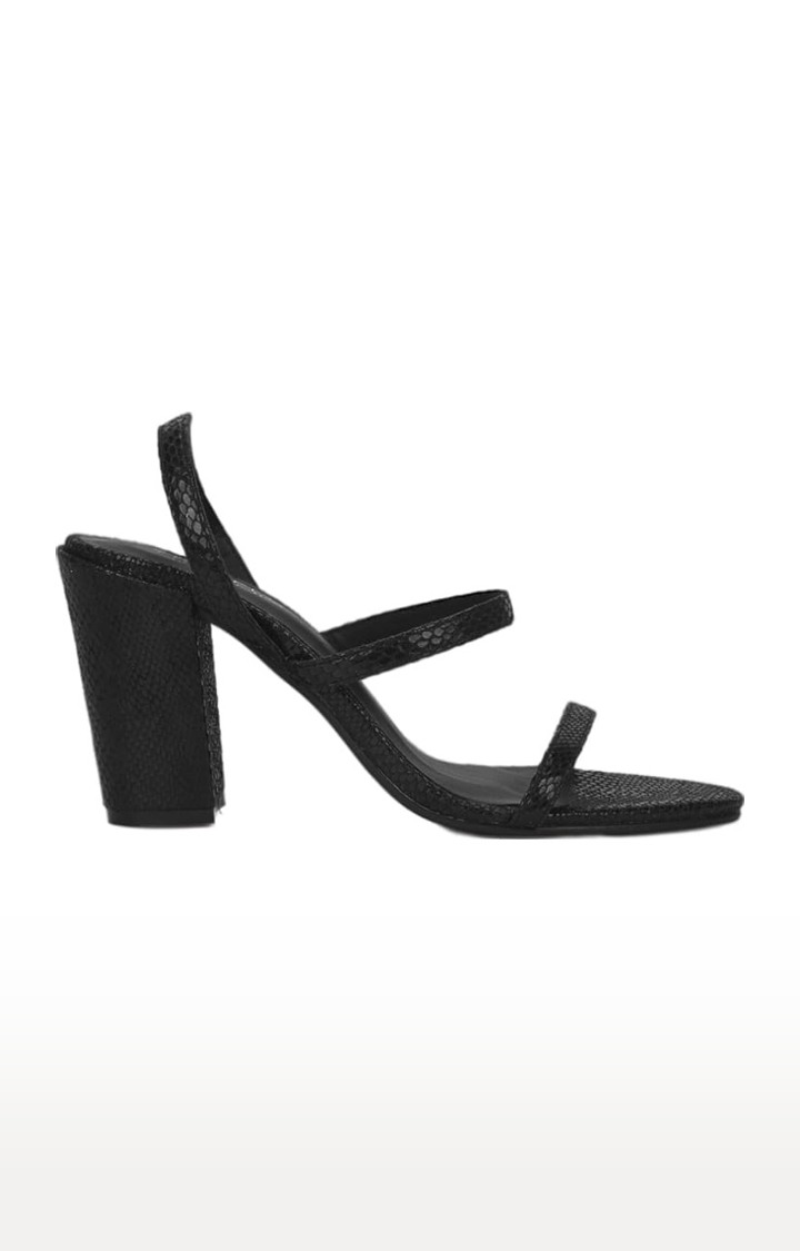 Women's Black PU Textured Slip On Block Heels