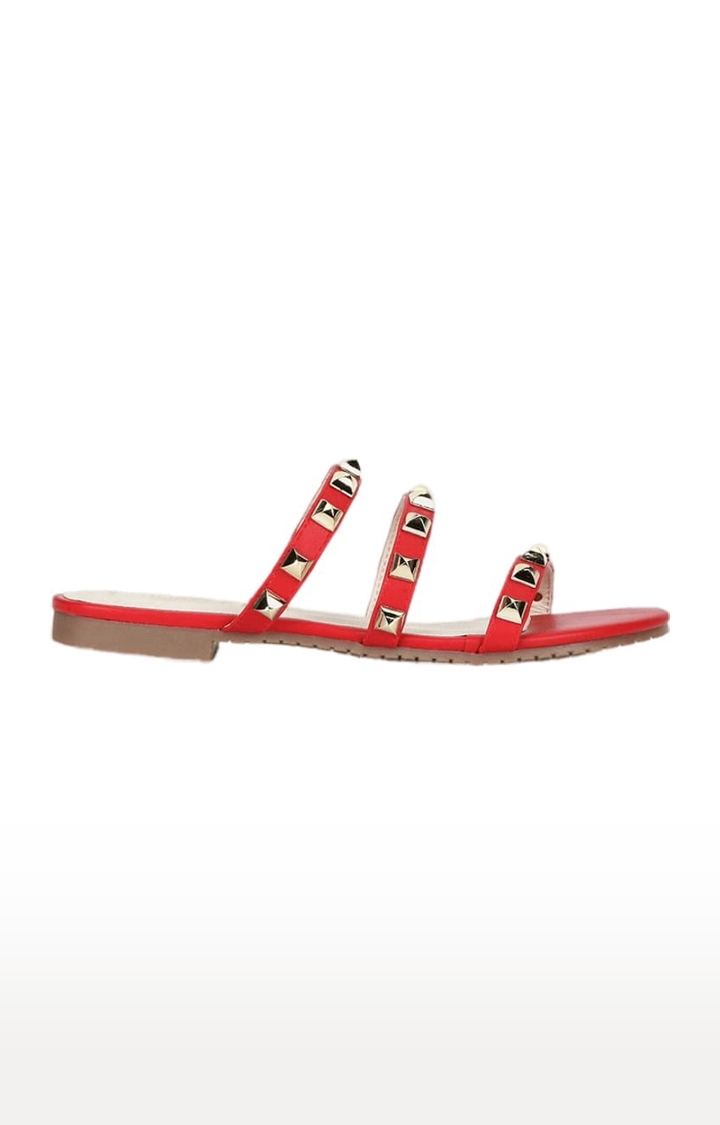 Truffle Collection | Women's Red Synthetic Embellished Flat Slip-ons 1