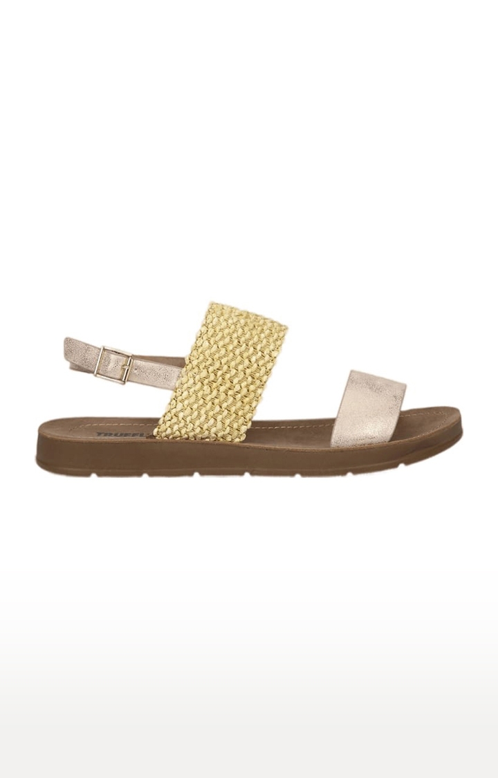 Truffle Collection | Women's Gold PU Textured Buckle Sandals 1