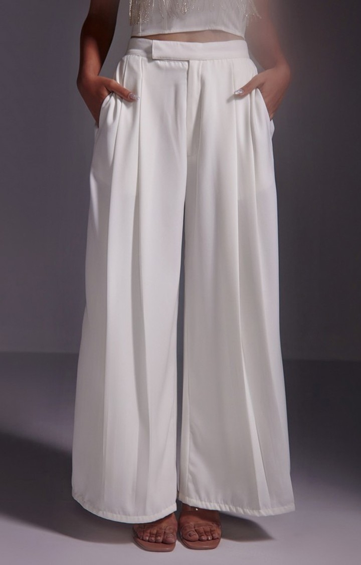 Women's Flared Pleated Pants-White