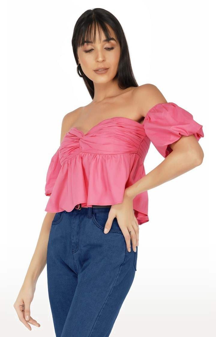 Women's Pink Off Shoulder Puff Sleeves Top