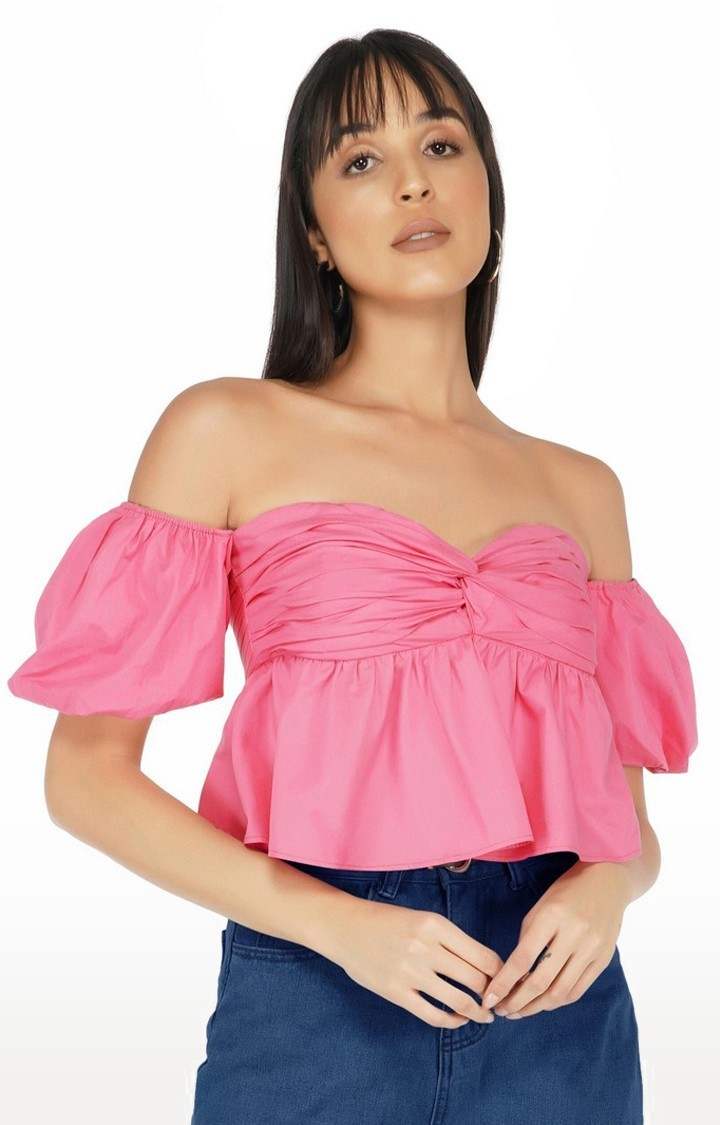 Women's Pink Off Shoulder Puff Sleeves Top