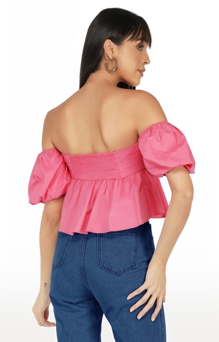 Women's Pink Off Shoulder Puff Sleeves Top