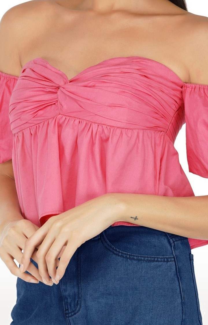 Women's Pink Off Shoulder Puff Sleeves Top