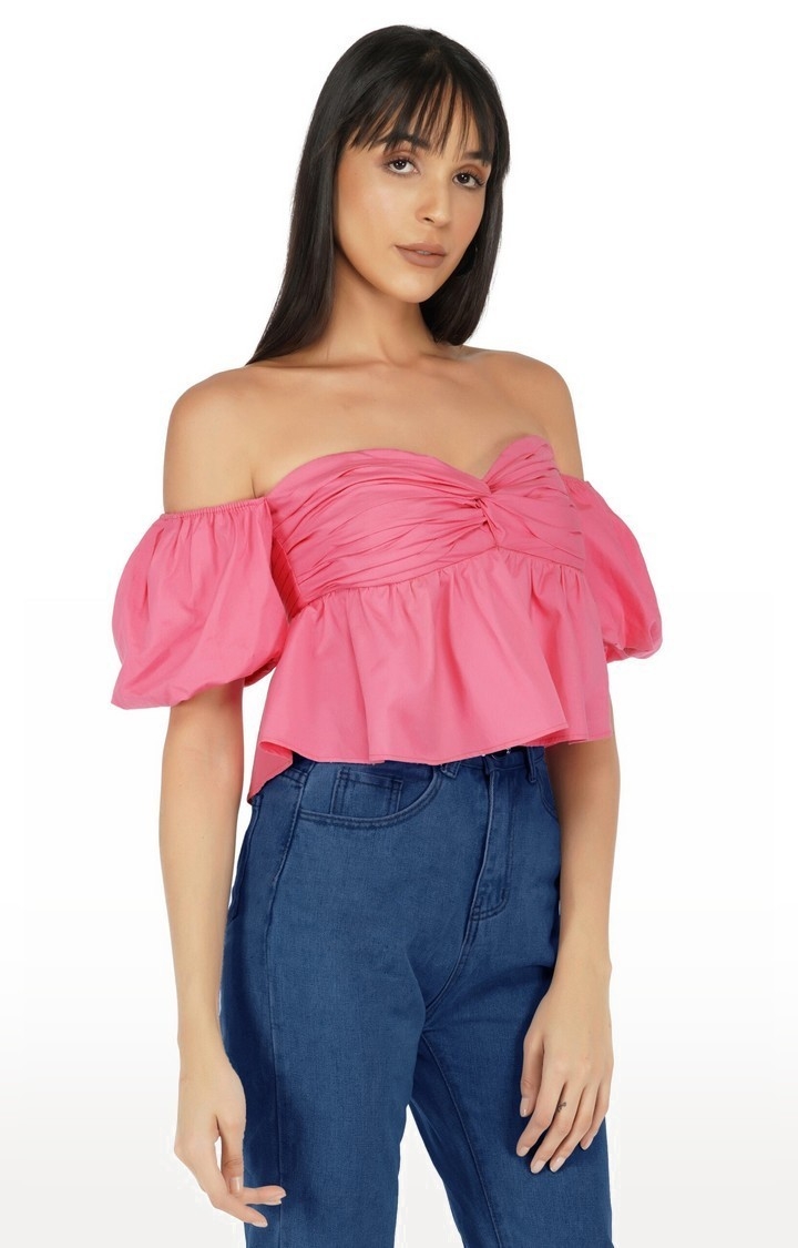 The Clothing Factory | Women's Pink Off Shoulder Puff Sleeves Top