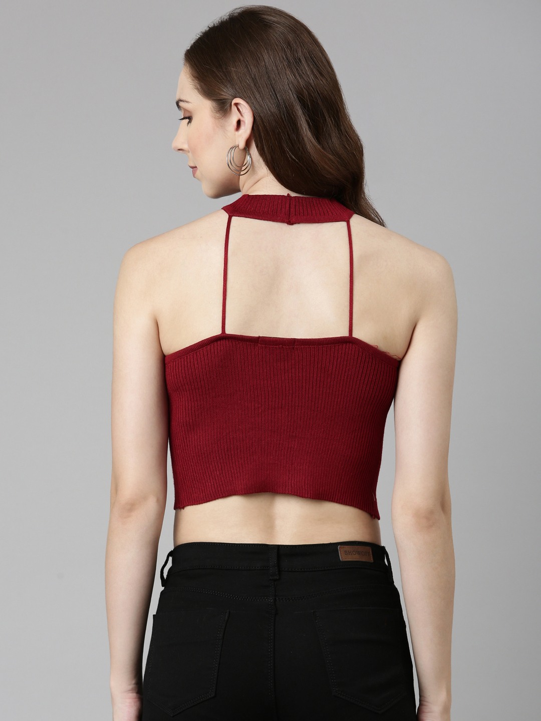 SHOWOFF Women's Halter Neck Solid Sleeveless Fitted Maroon Crop Top
