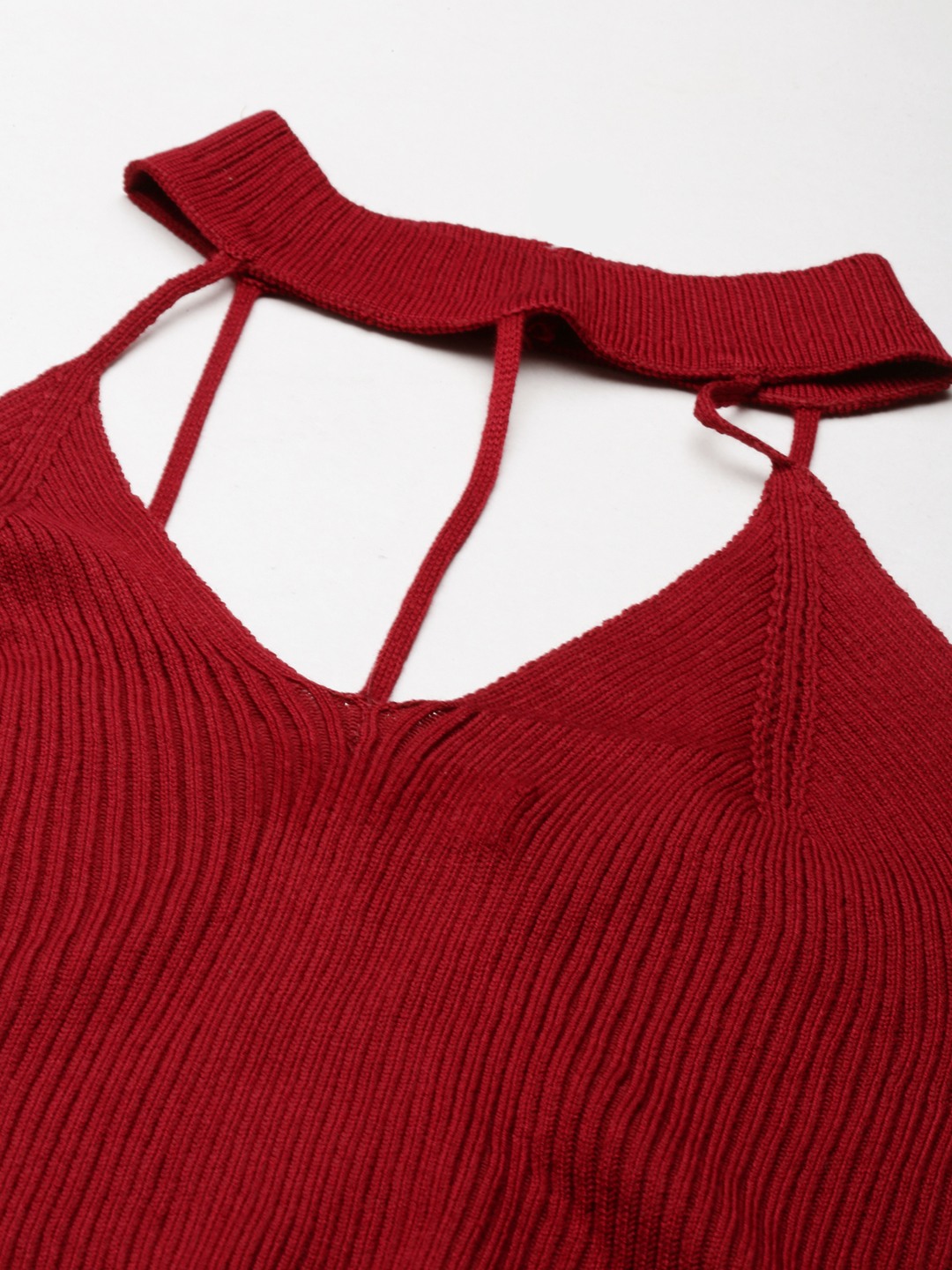 SHOWOFF Women's Halter Neck Solid Sleeveless Fitted Maroon Crop Top