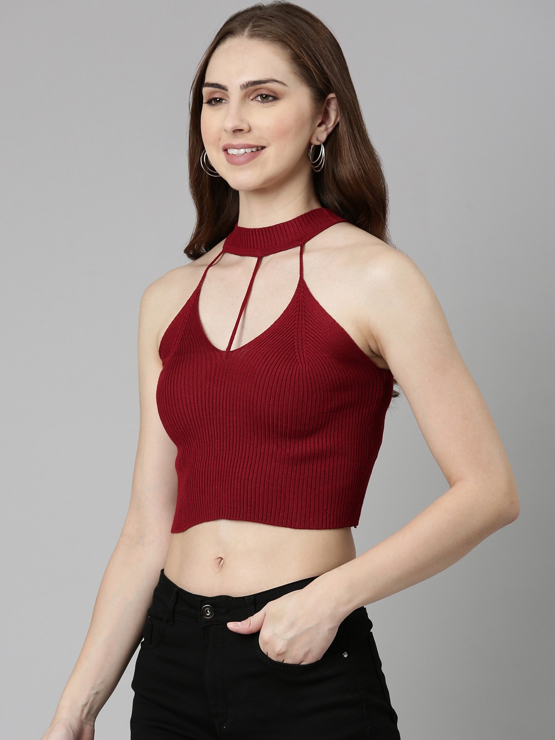 SHOWOFF Women's Halter Neck Solid Sleeveless Fitted Maroon Crop Top