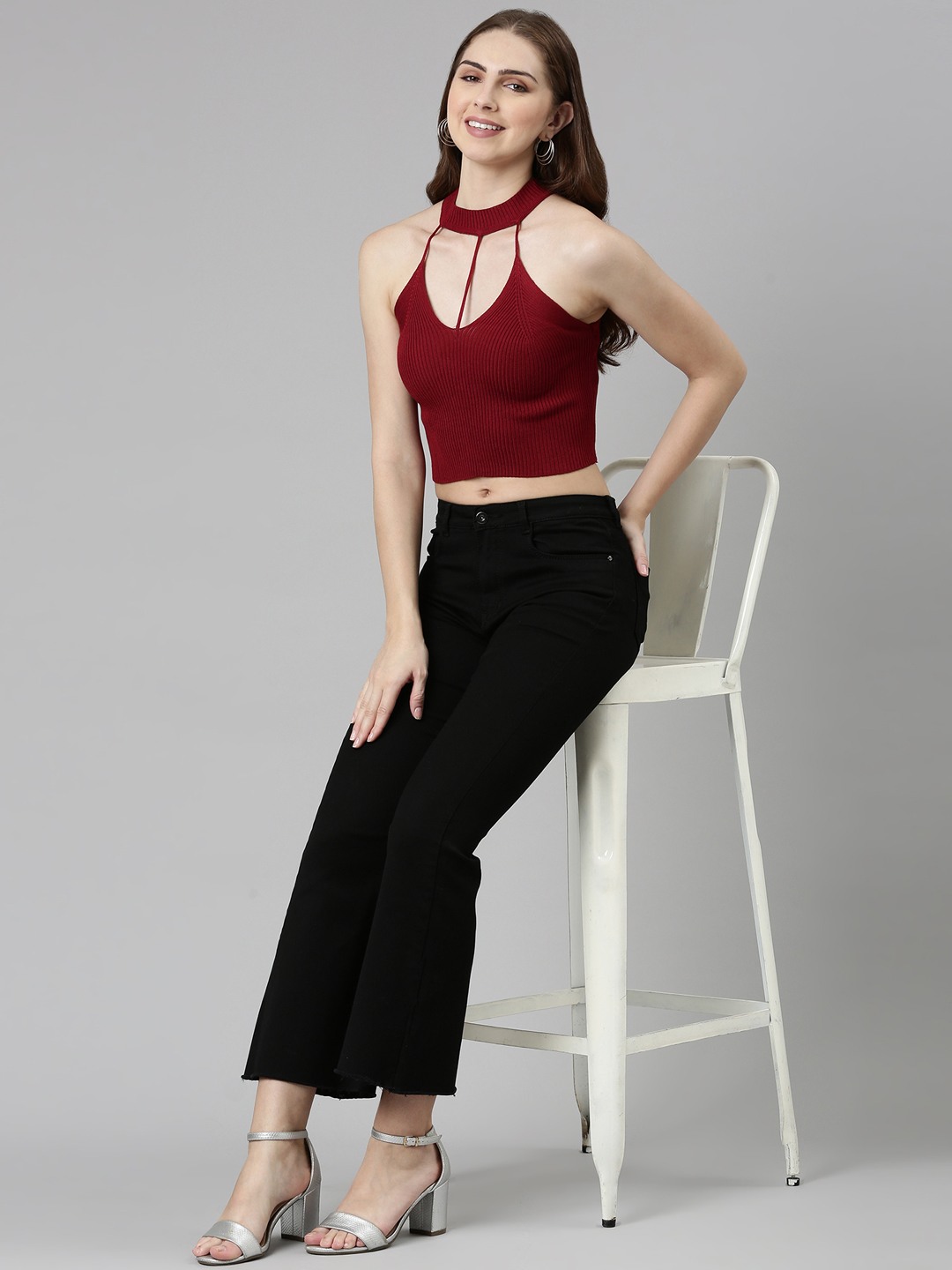 SHOWOFF Women's Halter Neck Solid Sleeveless Fitted Maroon Crop Top