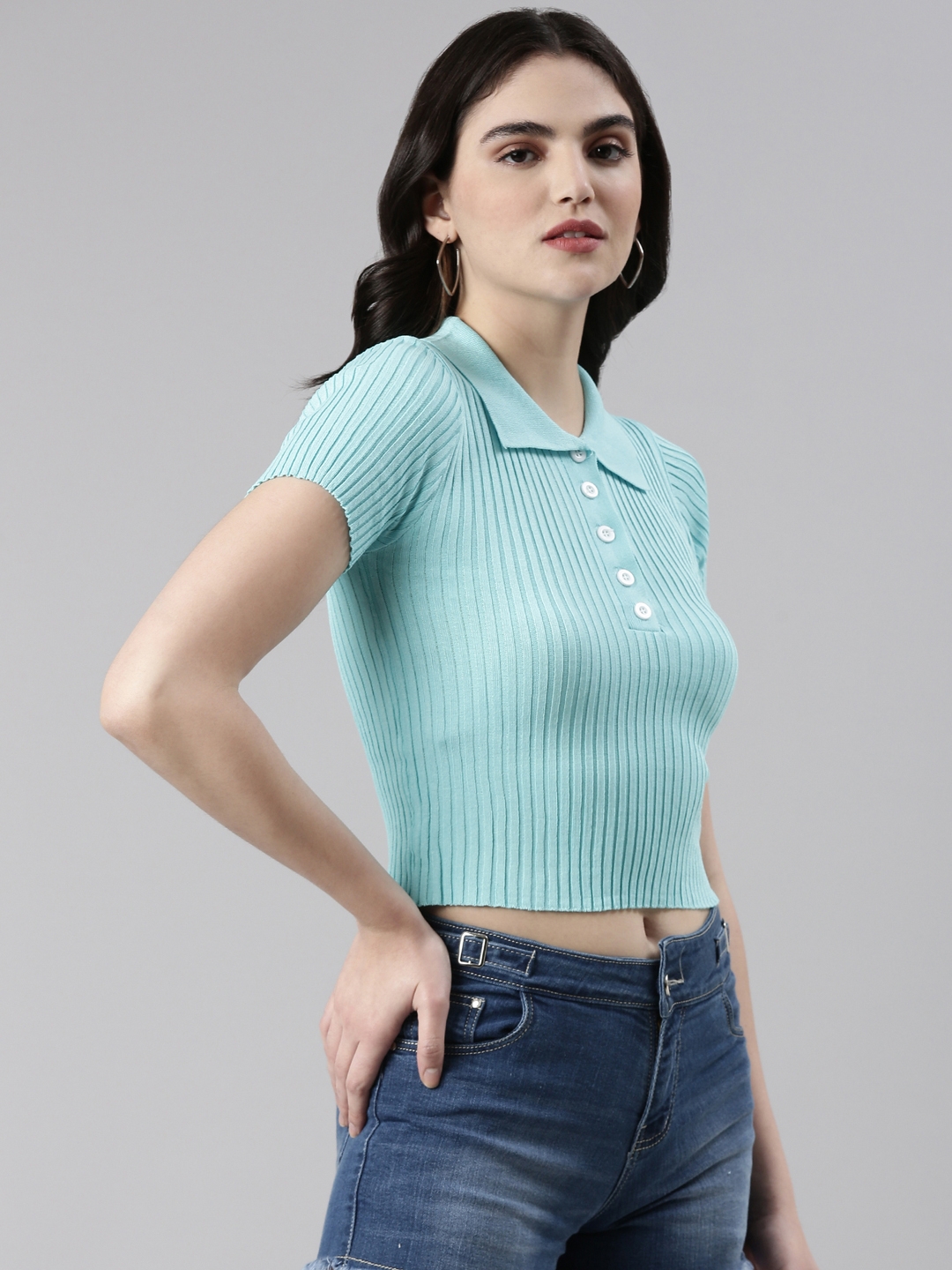 Showoff | SHOWOFF Women's Shirt Collar Solid Regular Sleeves Fitted Turquoise Blue Crop Top 3