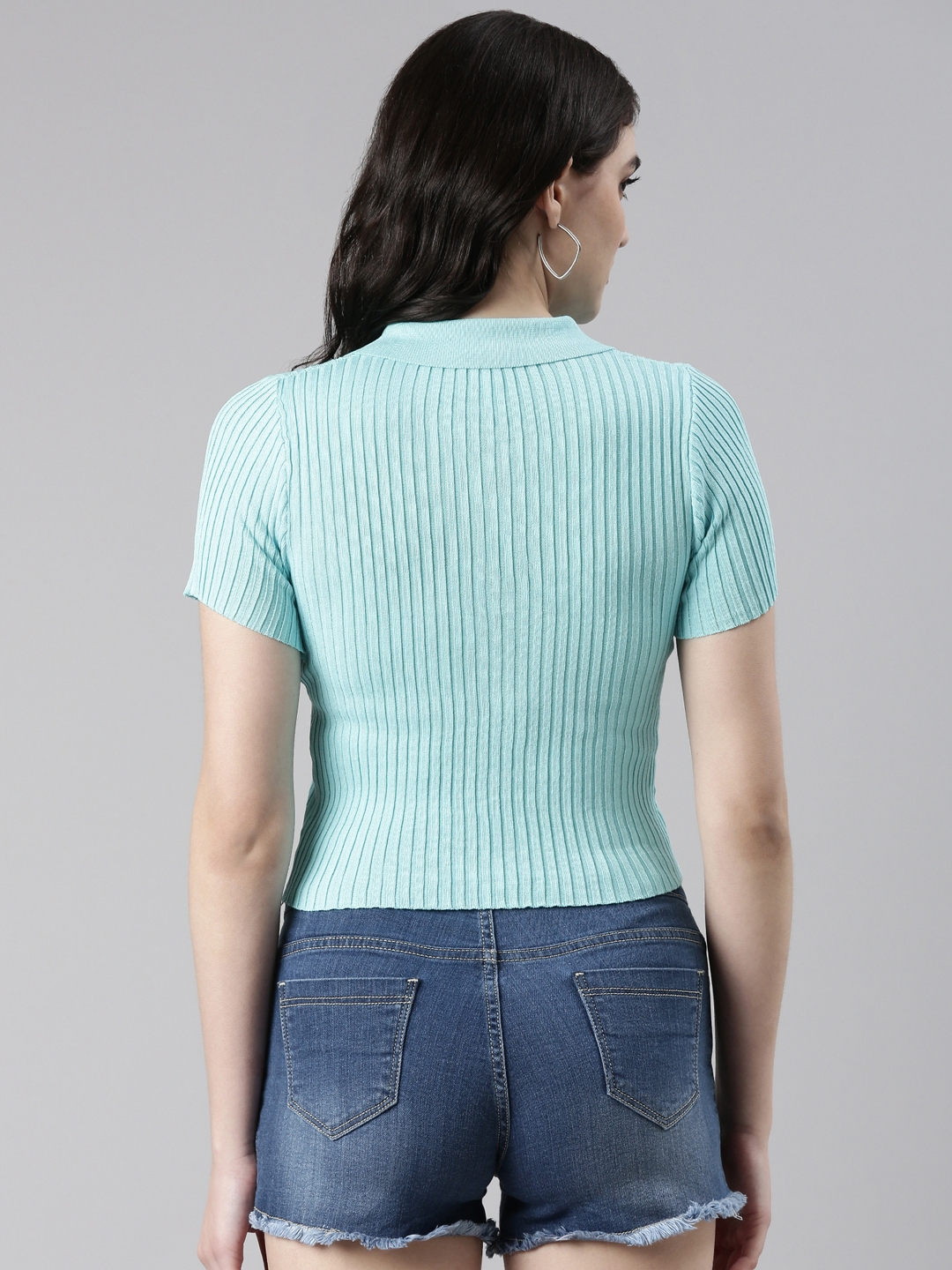Showoff | SHOWOFF Women's Shirt Collar Solid Regular Sleeves Fitted Turquoise Blue Crop Top 4