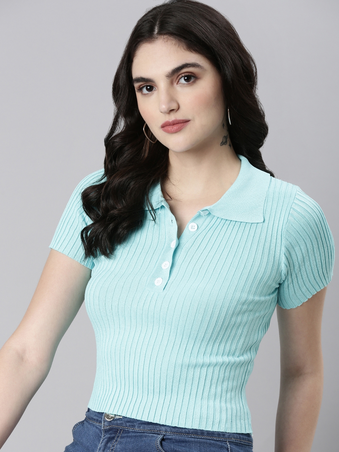 Showoff | SHOWOFF Women's Shirt Collar Solid Regular Sleeves Fitted Turquoise Blue Crop Top 0