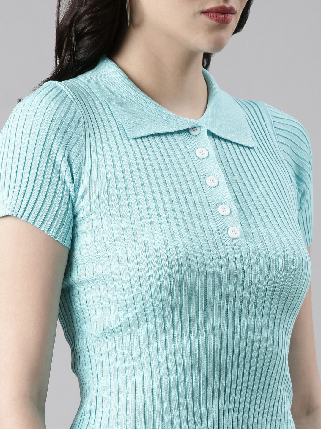 Showoff | SHOWOFF Women's Shirt Collar Solid Regular Sleeves Fitted Turquoise Blue Crop Top 7