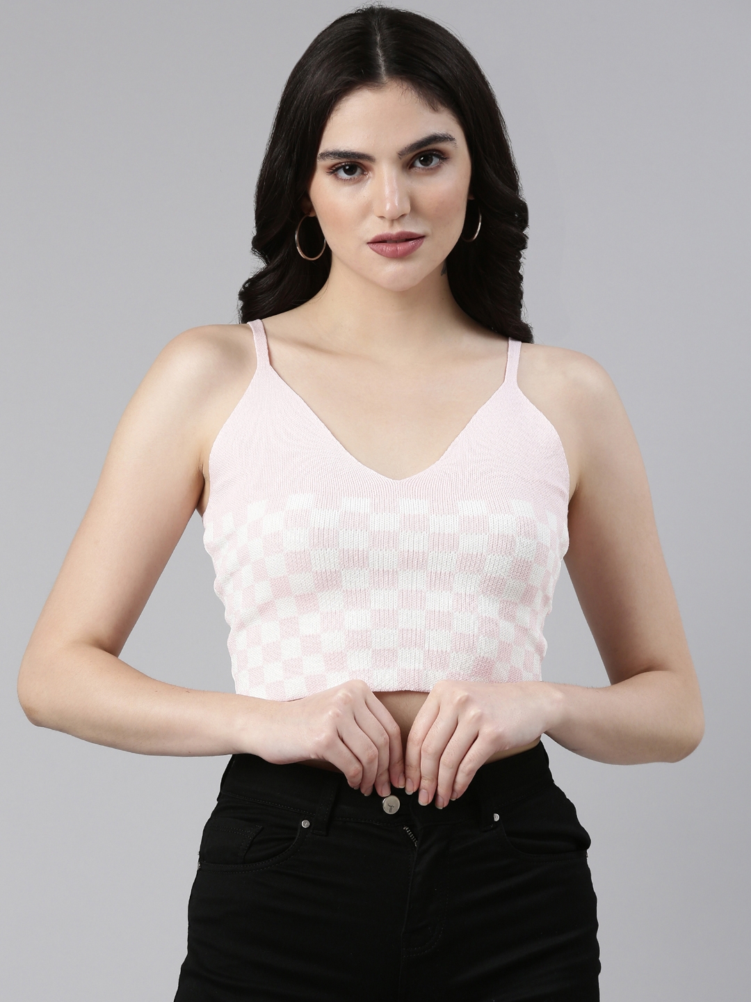 Showoff | SHOWOFF Women's Shoulder Straps Checked Sleeveless Fitted Pink Crop Top 1