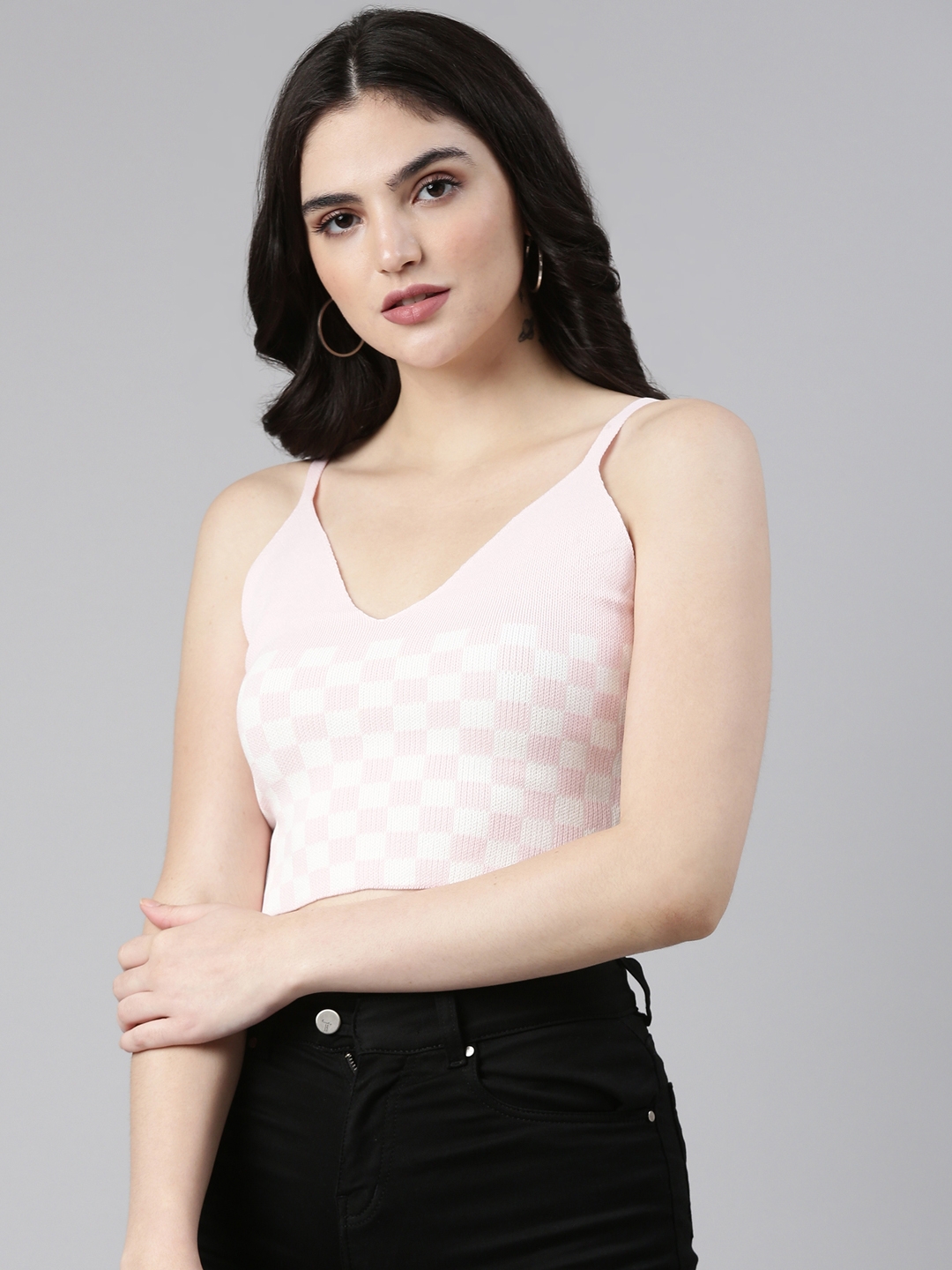Showoff | SHOWOFF Women's Shoulder Straps Checked Sleeveless Fitted Pink Crop Top 3