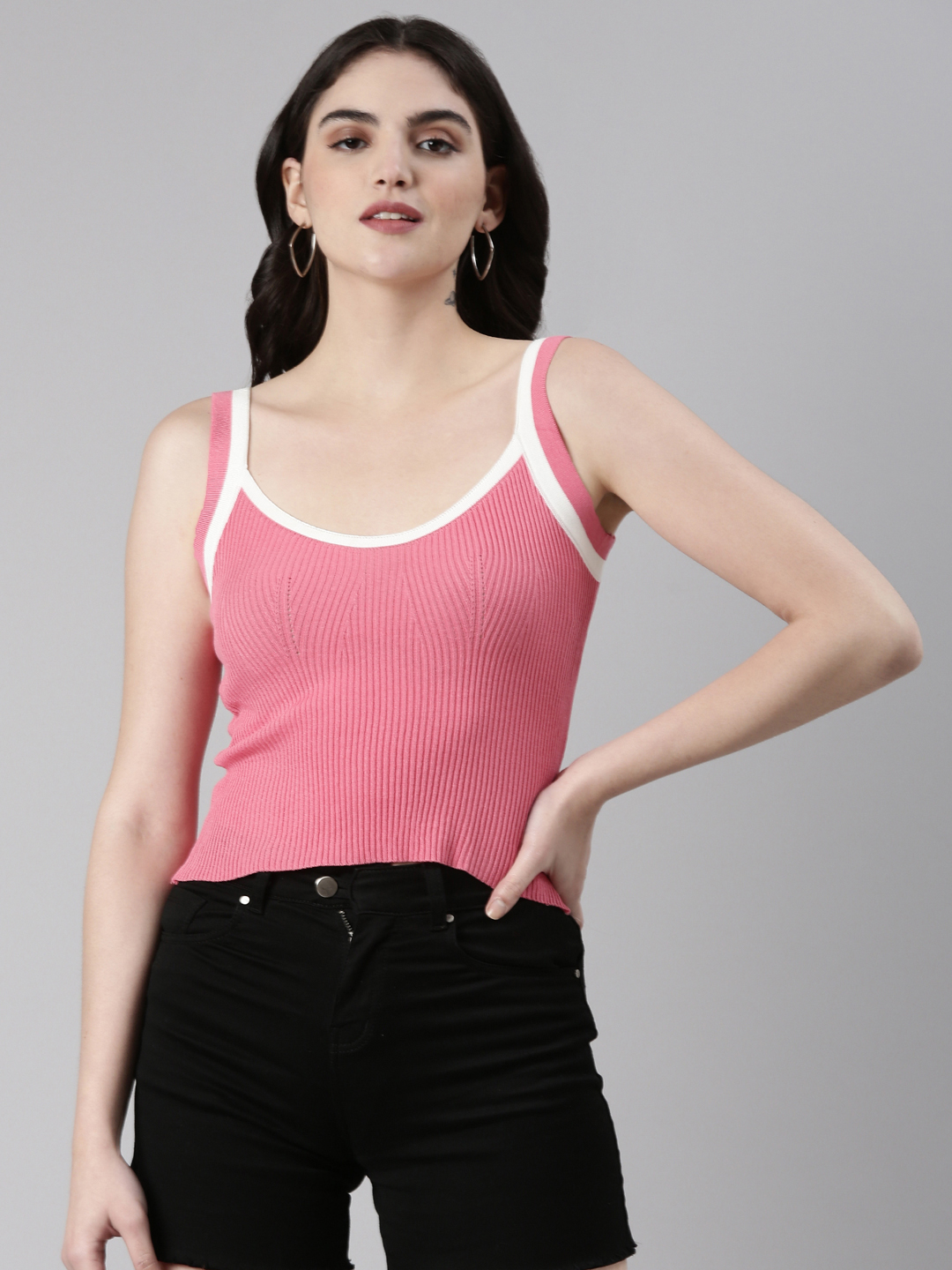 SHOWOFF Women's Shoulder Straps Solid Sleeveless Fitted Pink Crop Top