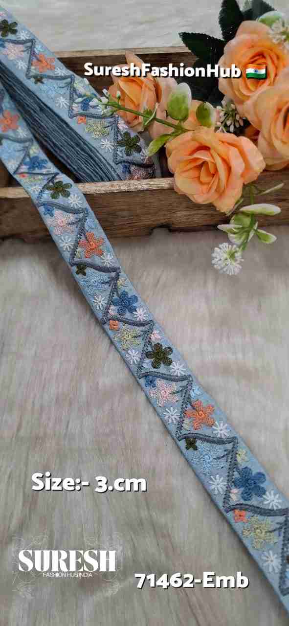 Blue-Grey Multicolor Thread Floral Embroidery Lace – 71462-Emb