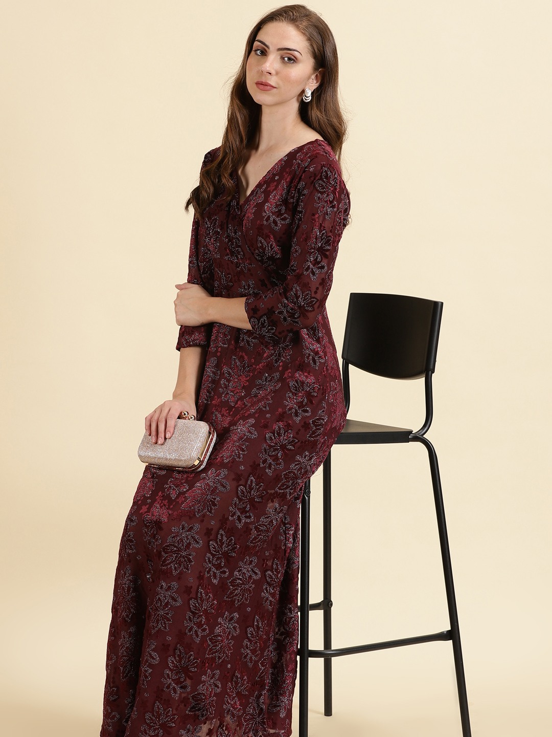 Embellished burgundy best sale dress