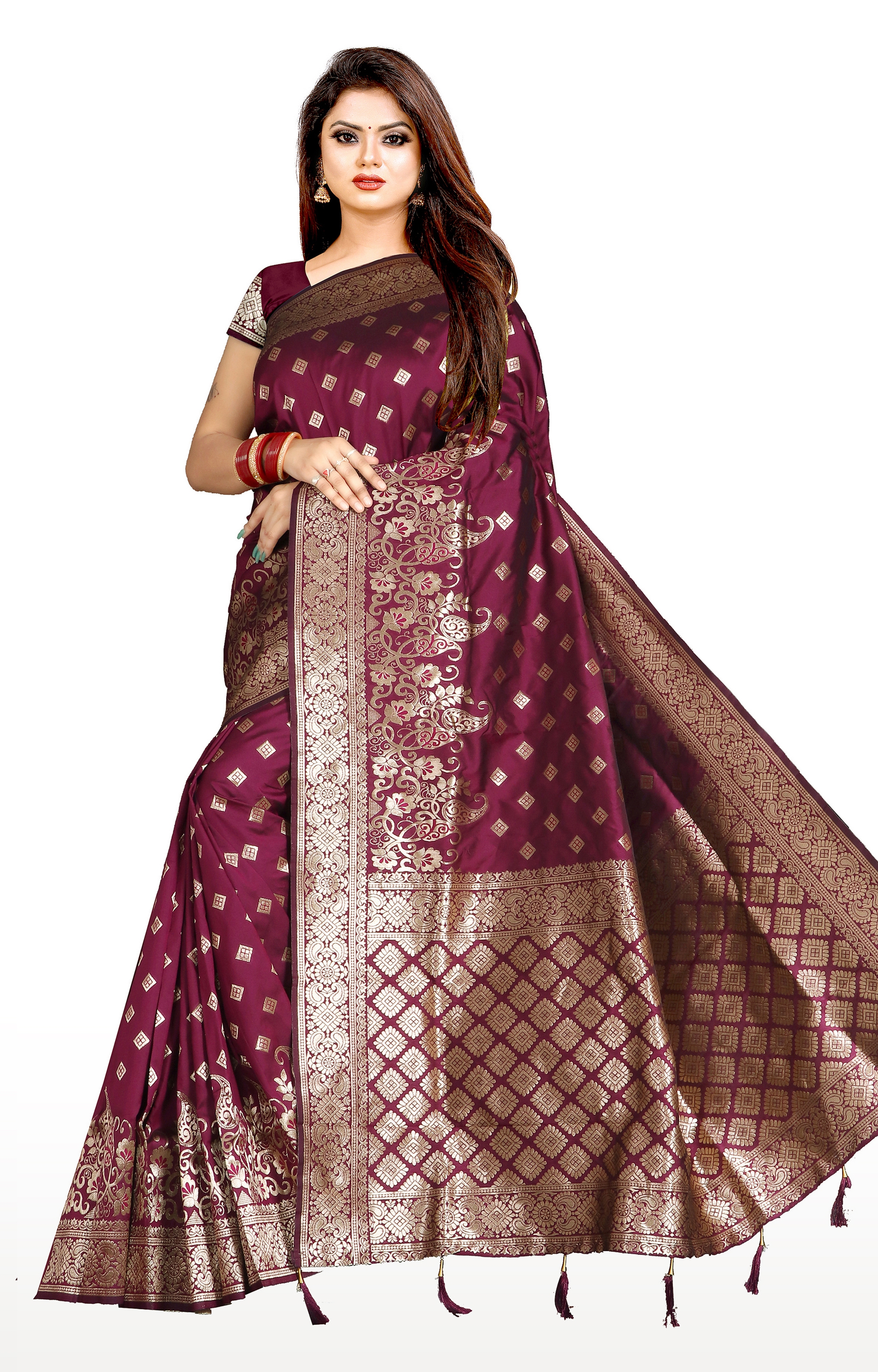 Glemora | Glemora Saree for Women Banarasi Silk Saree With Blouse (Purple) 0