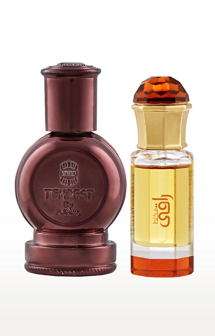 Ajmal Tempest Concentrated Perfume Oil Alcohol-free Attar 12ml for Unisex and Mukhallat Raaqi Concentrated Perfume Oil Alcohol-free Attar 10ml for Unisex