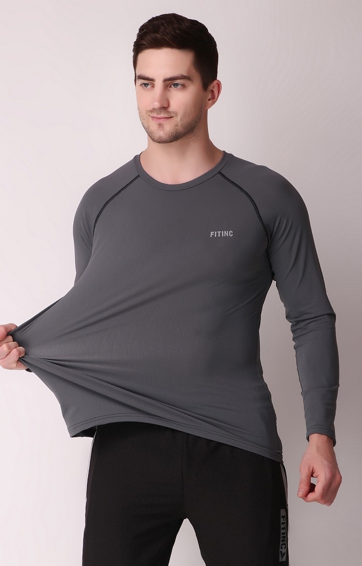 Fitinc | Men's Grey Lycra Solid Activewear T-Shirt 0