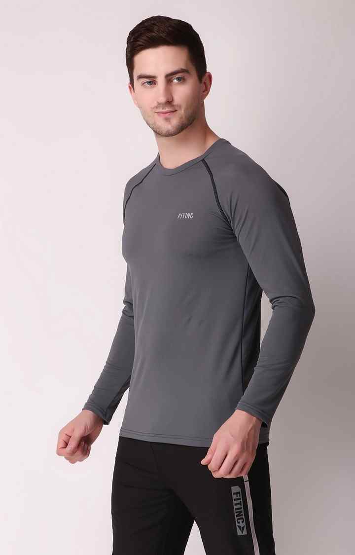 Fitinc | Men's Grey Lycra Solid Activewear T-Shirt 2