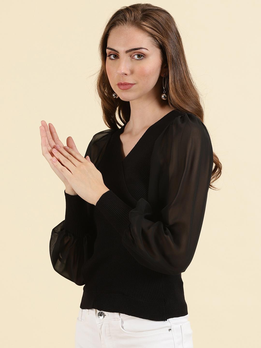 SHOWOFF Women's V-Neck Solid Black Wrap Regular Top