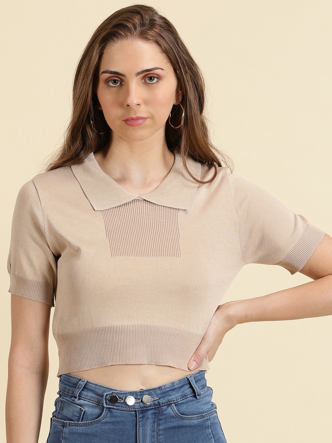 Showoff | SHOWOFF Women's Shirt Collar Solid Beige Fitted Crop Top 1