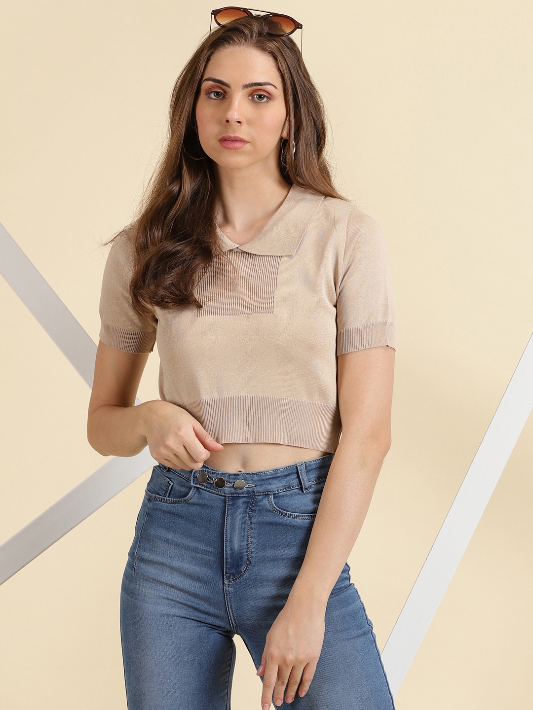 Showoff | SHOWOFF Women's Shirt Collar Solid Beige Fitted Crop Top 0