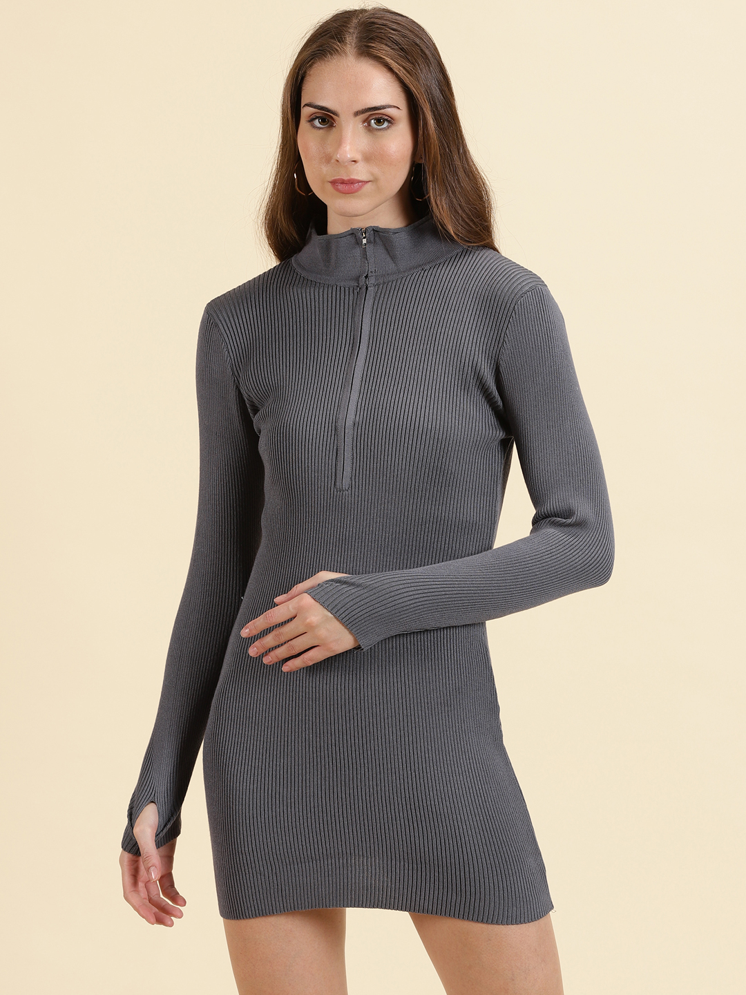 SHOWOFF Women's Mini Solid Bodycon Grey Dress