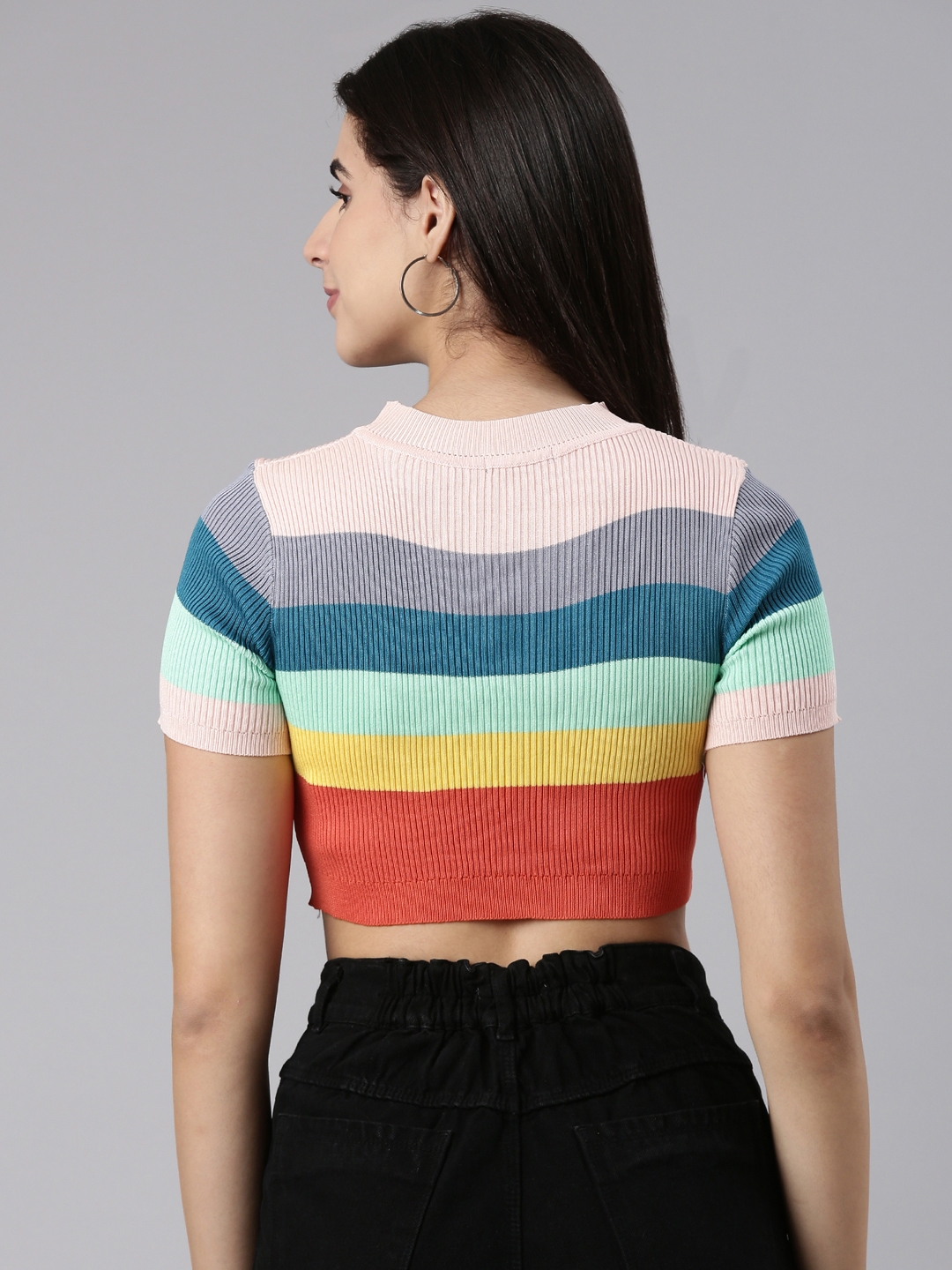 Showoff | SHOWOFF Women's Round Neck Colourblocked Multi Fitted Crop Top 4