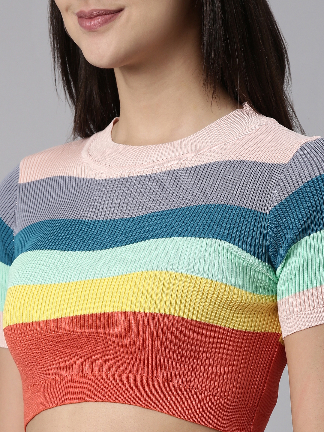 Showoff | SHOWOFF Women's Round Neck Colourblocked Multi Fitted Crop Top 6