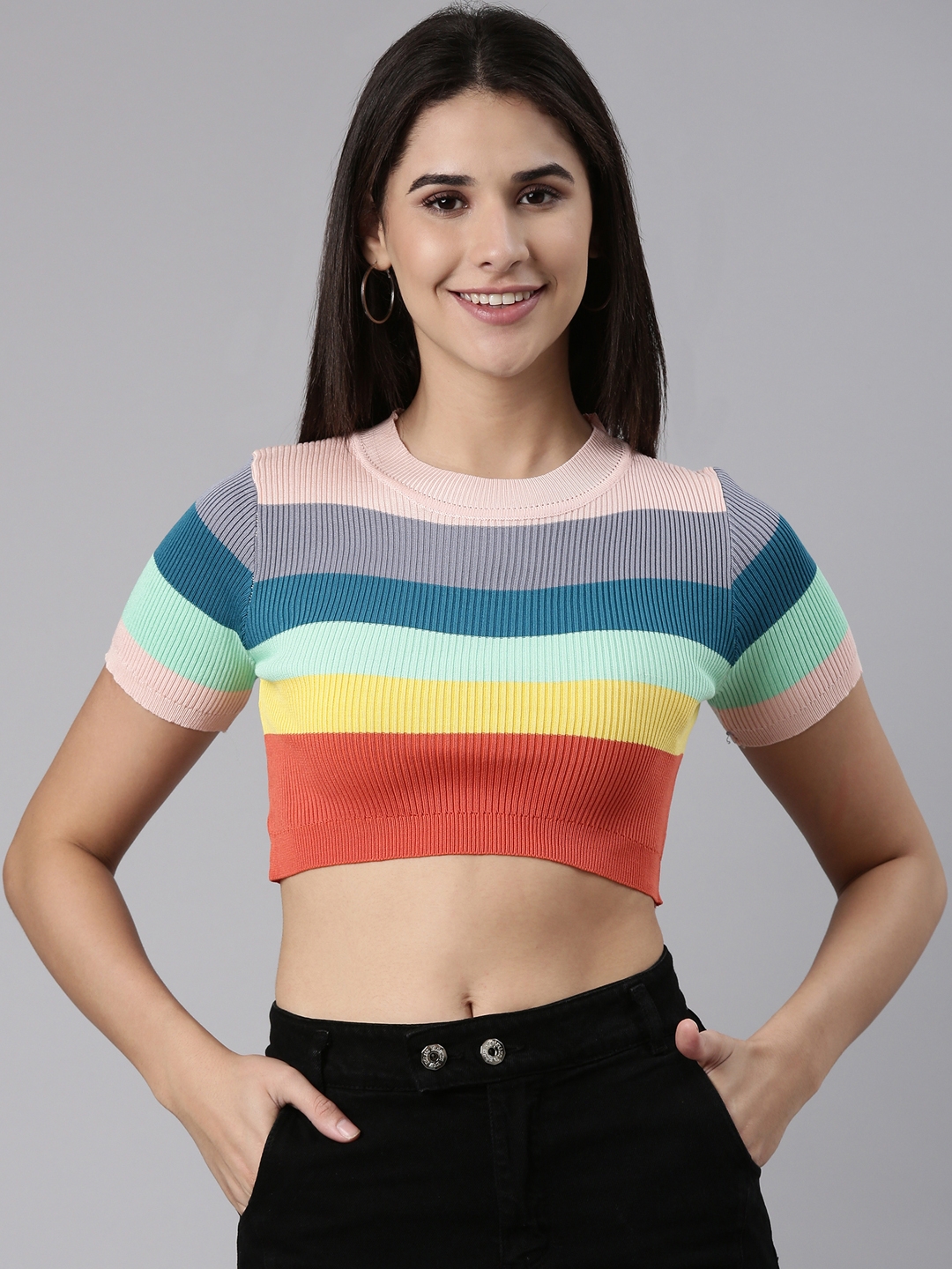 Showoff | SHOWOFF Women's Round Neck Colourblocked Multi Fitted Crop Top 1