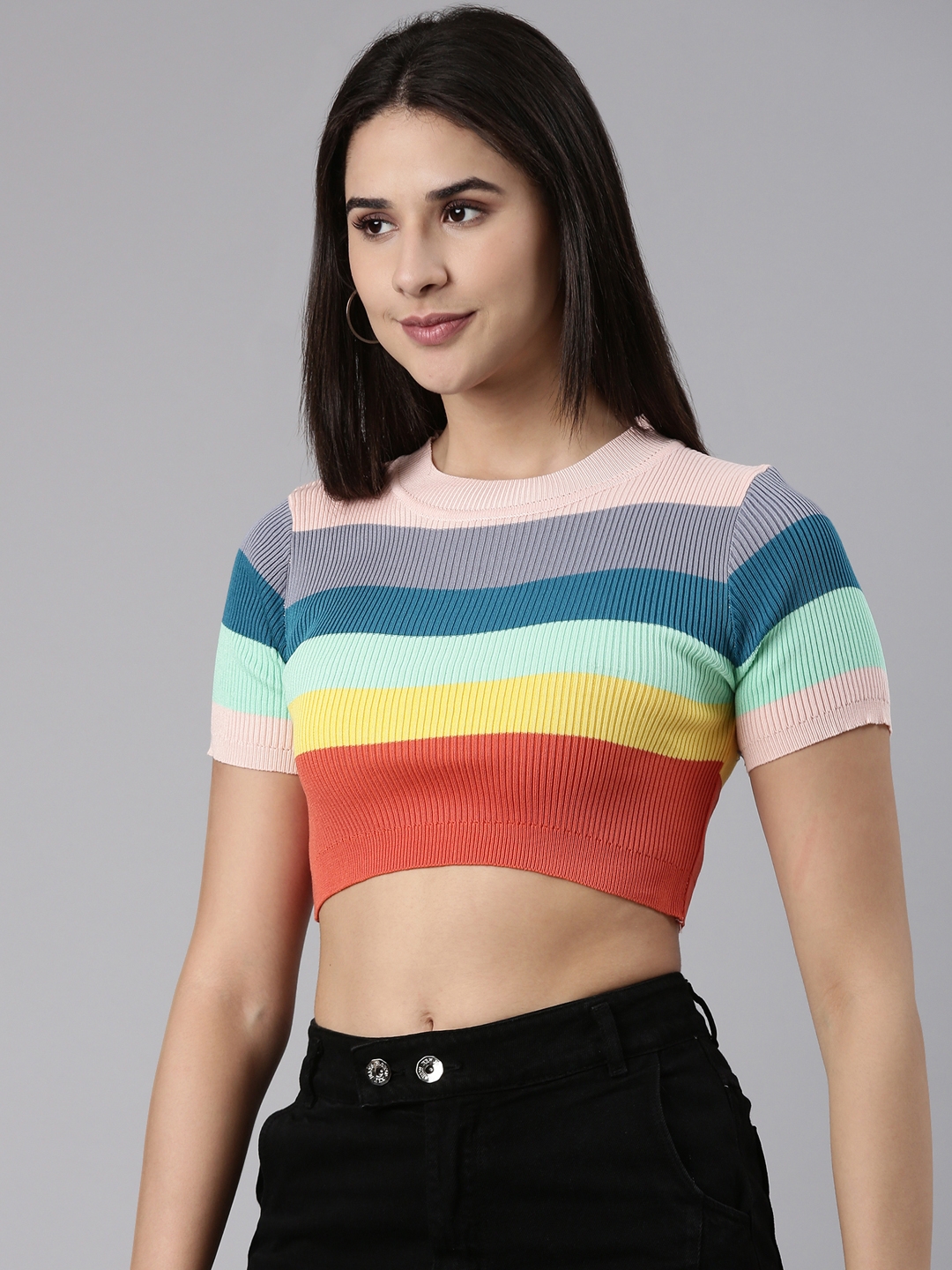 Showoff | SHOWOFF Women's Round Neck Colourblocked Multi Fitted Crop Top 3