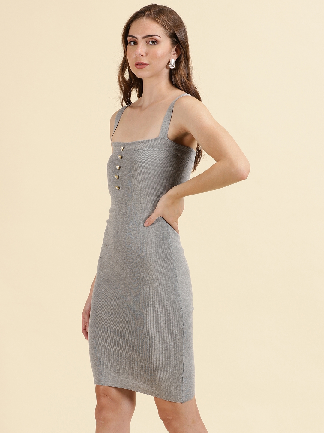Showoff | SHOWOFF Women's Above Knee Solid Bodycon Grey Dress 2