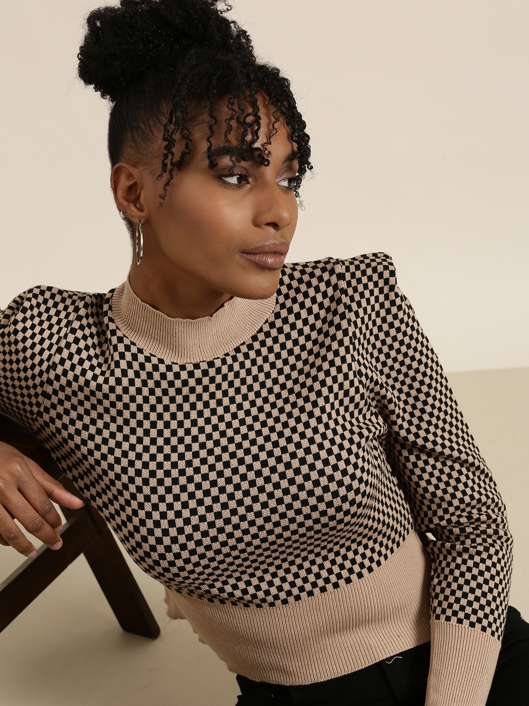 SHOWOFF Women's High Neck Checked Puff Sleeves Taupe Crop Top