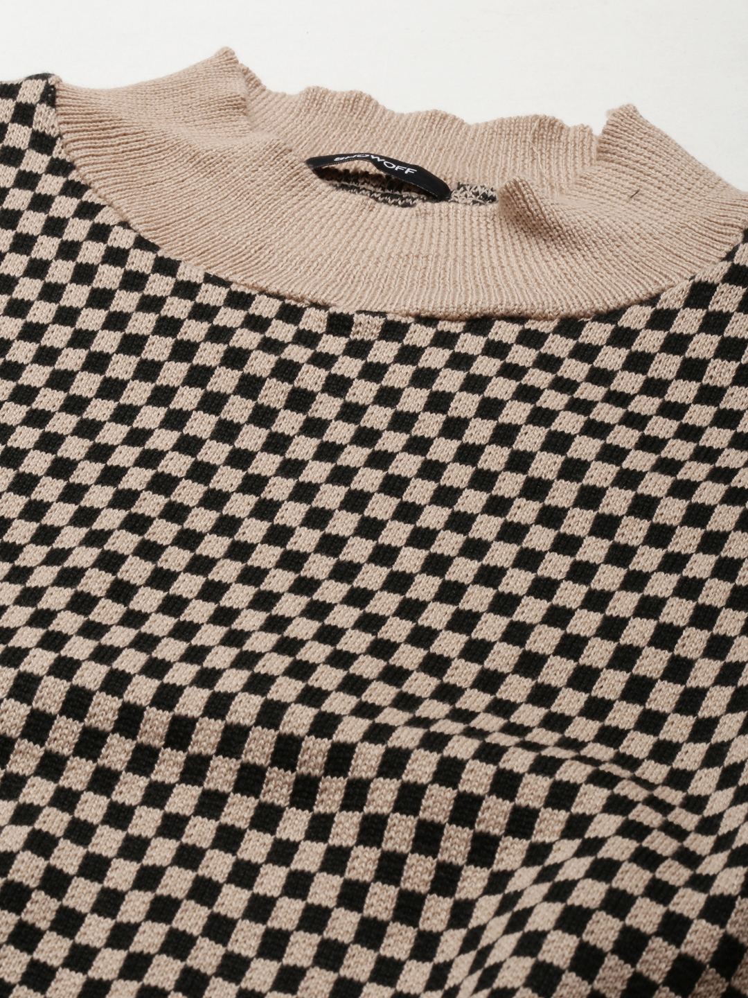 SHOWOFF Women's High Neck Checked Puff Sleeves Taupe Crop Top