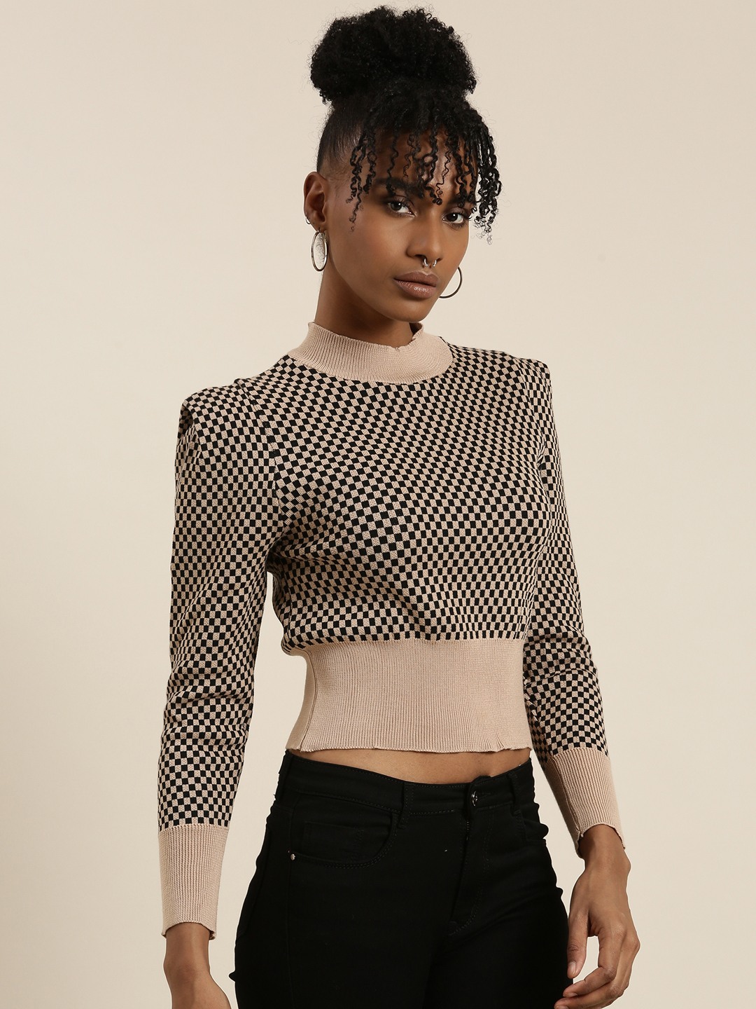 SHOWOFF Women's High Neck Checked Puff Sleeves Taupe Crop Top
