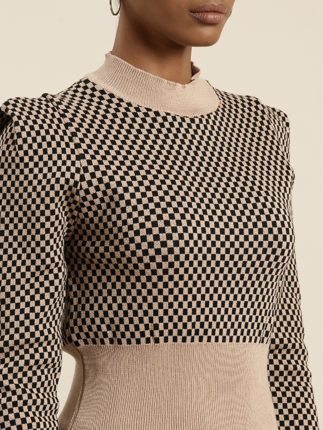 SHOWOFF Women's High Neck Checked Puff Sleeves Taupe Crop Top