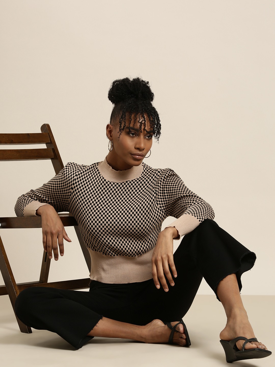 SHOWOFF Women's High Neck Checked Puff Sleeves Taupe Crop Top