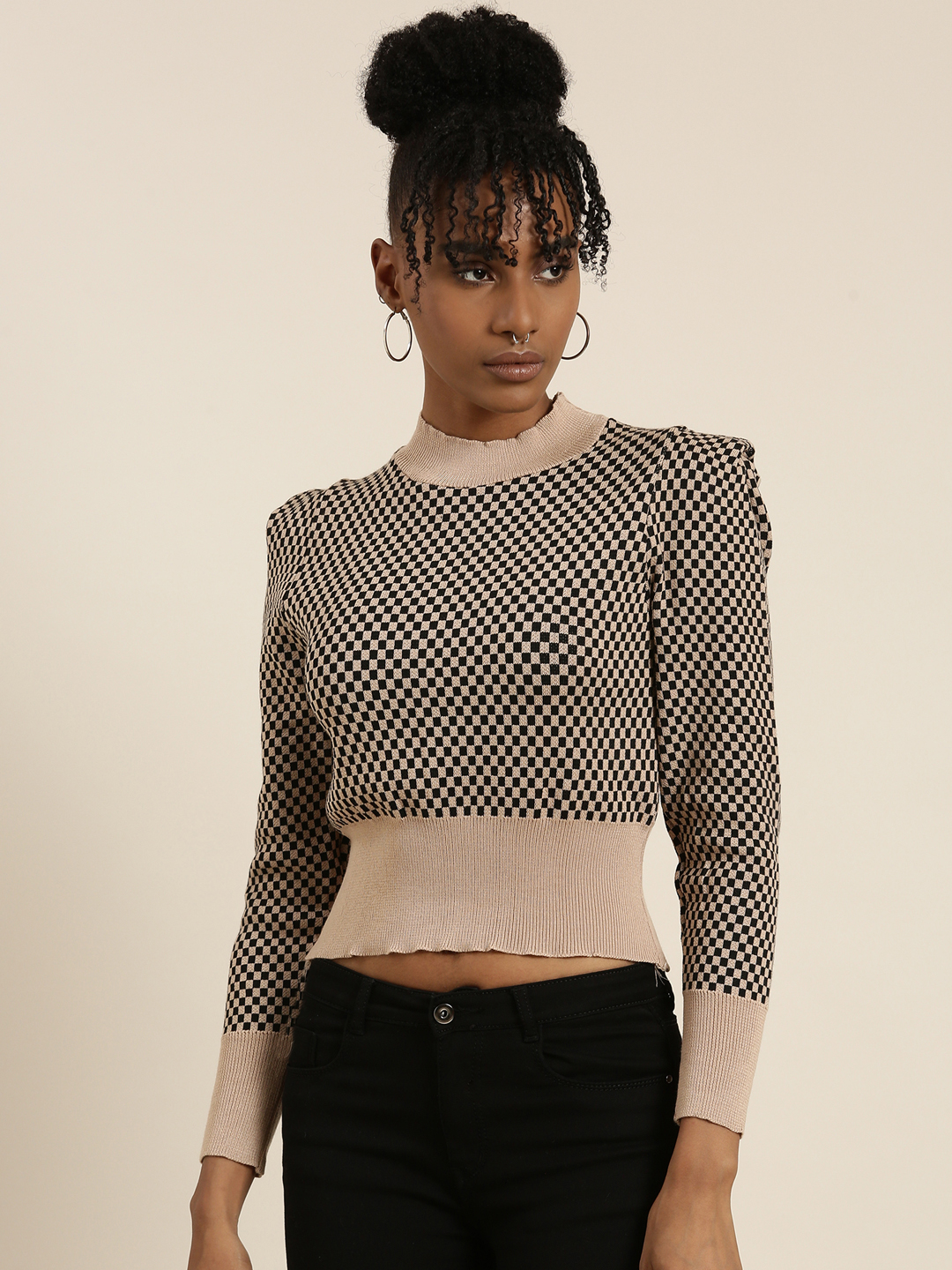 SHOWOFF Women's High Neck Checked Puff Sleeves Taupe Crop Top