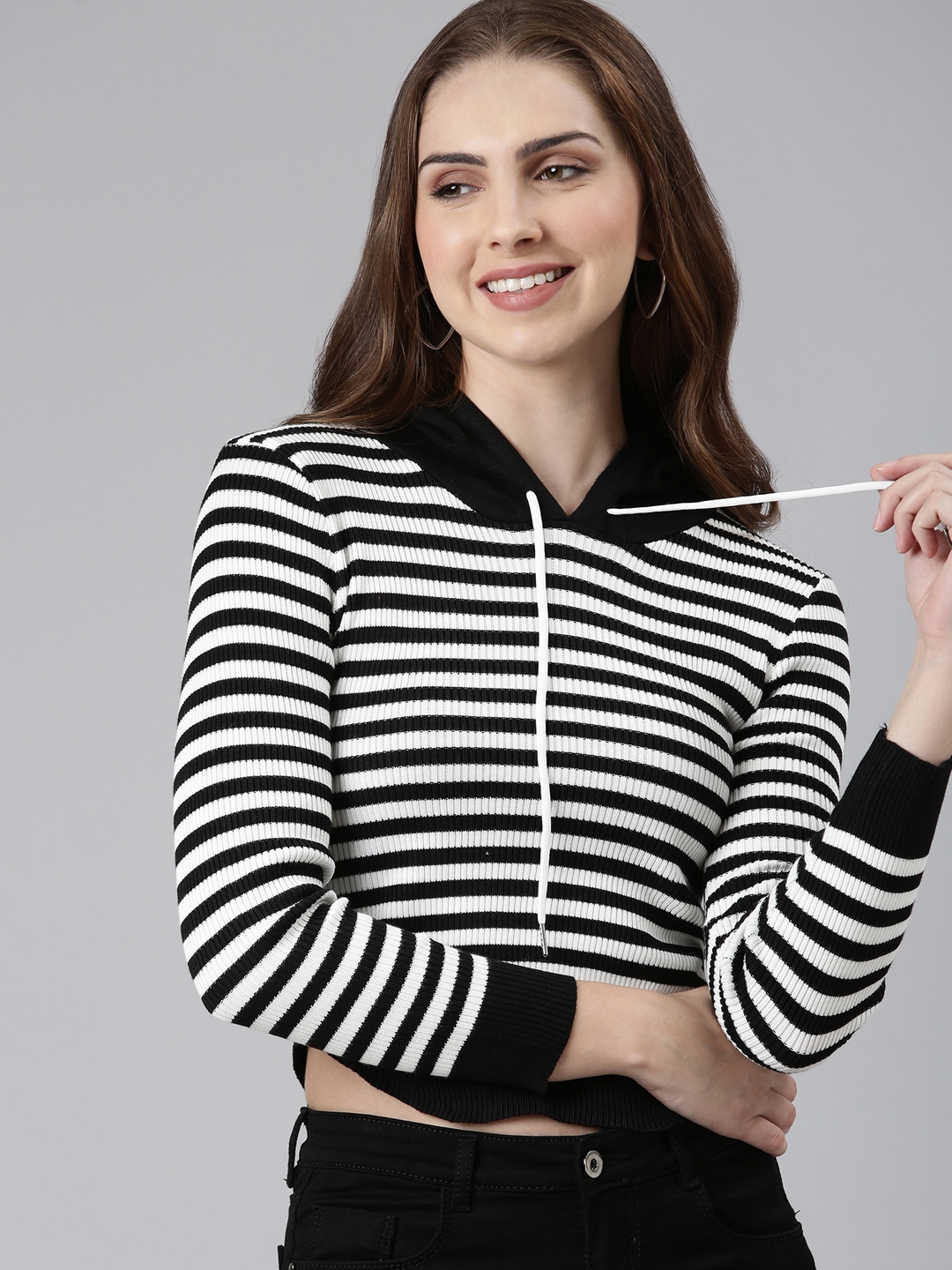 SHOWOFF Women's Striped Regular Hooded Black Sweatshirt