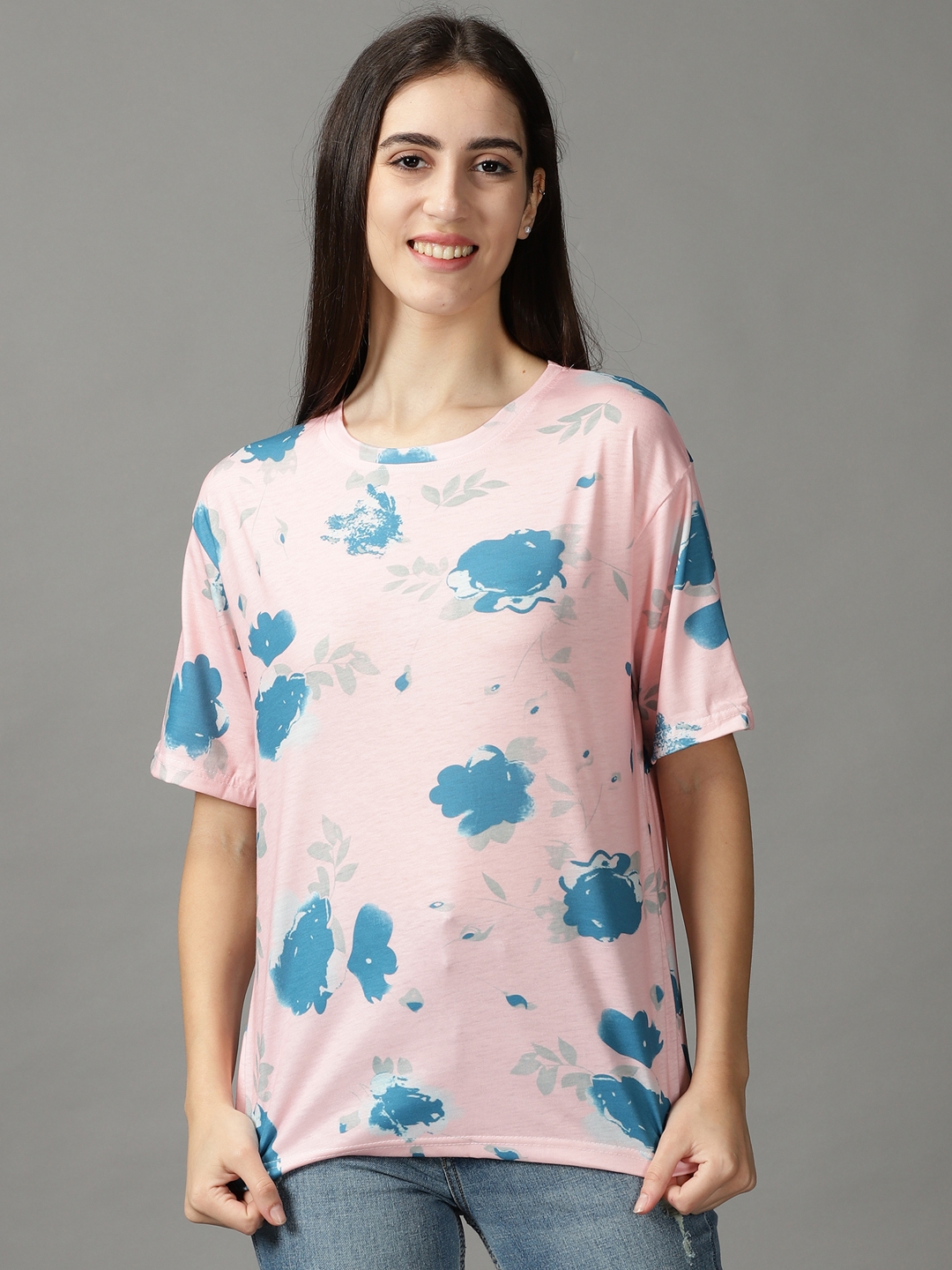 Showoff | SHOWOFF Women Pink Printed Round Neck Short Sleeves Regular Top 1