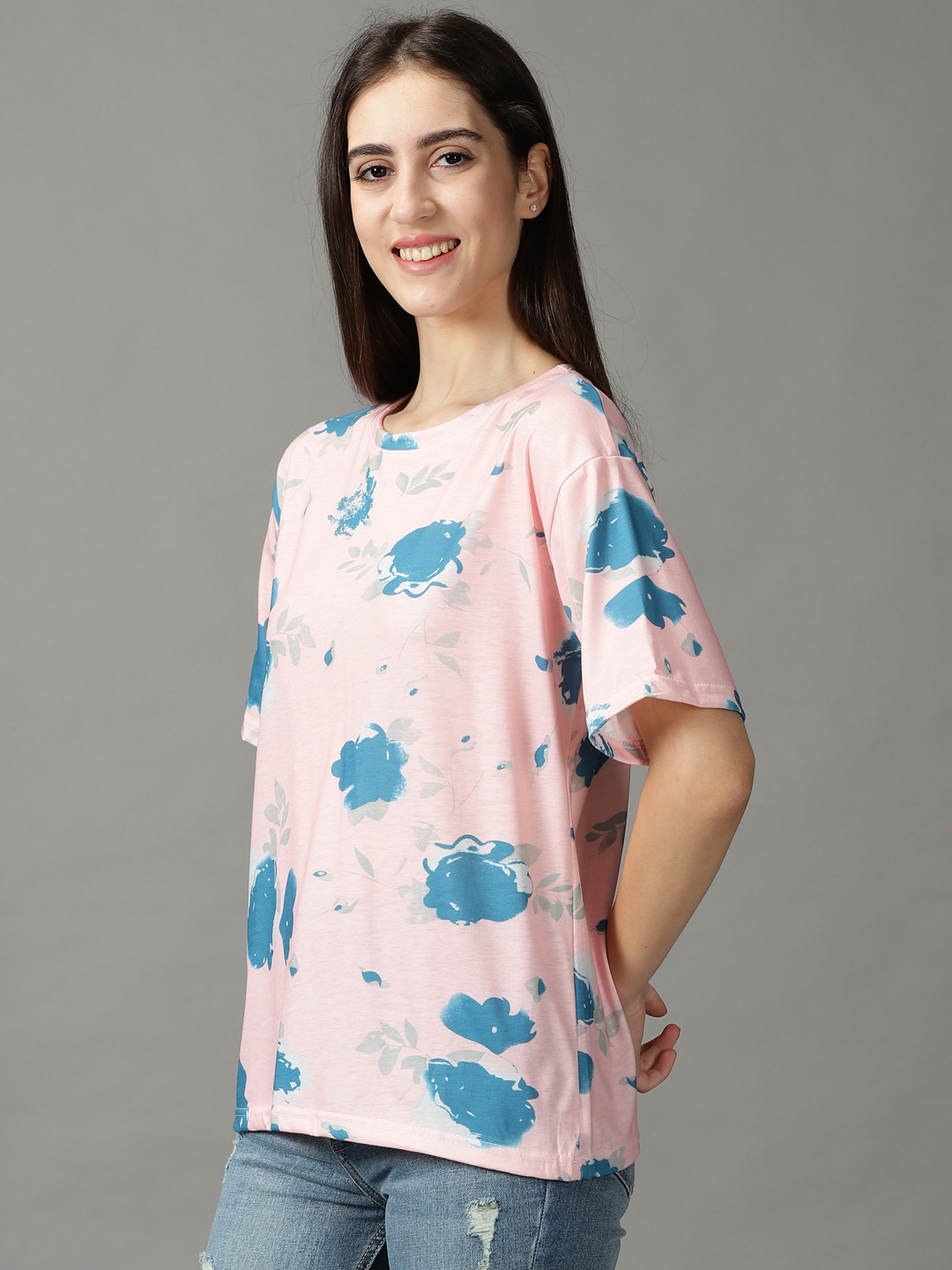 Showoff | SHOWOFF Women Pink Printed Round Neck Short Sleeves Regular Top 2