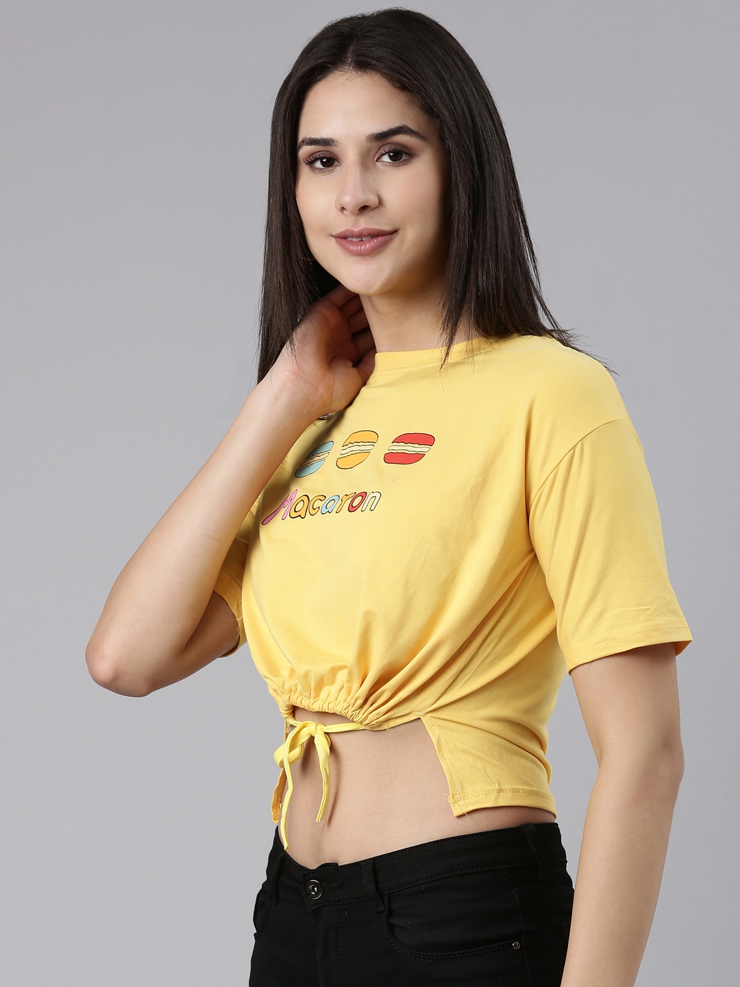 Showoff | SHOWOFF Women's Round Neck Printed Yellow Cinched Waist Crop Top 3