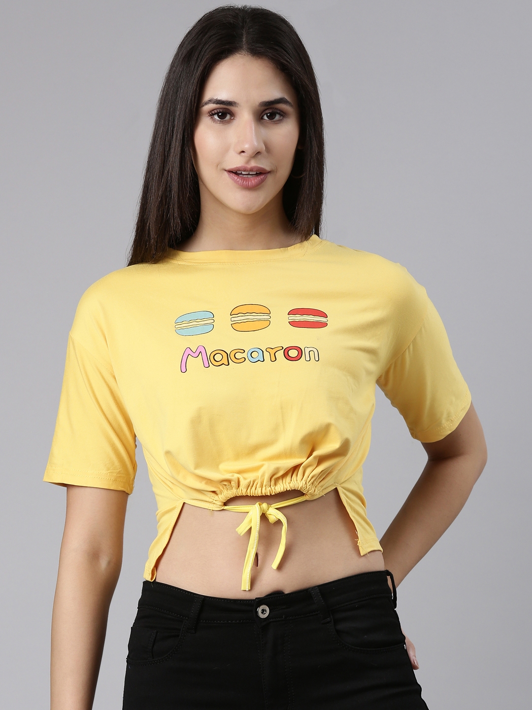 Showoff | SHOWOFF Women's Round Neck Printed Yellow Cinched Waist Crop Top 1