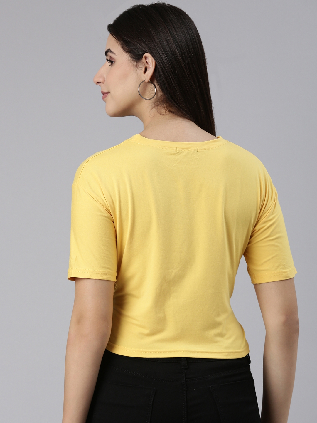 Showoff | SHOWOFF Women's Round Neck Printed Yellow Cinched Waist Crop Top 4