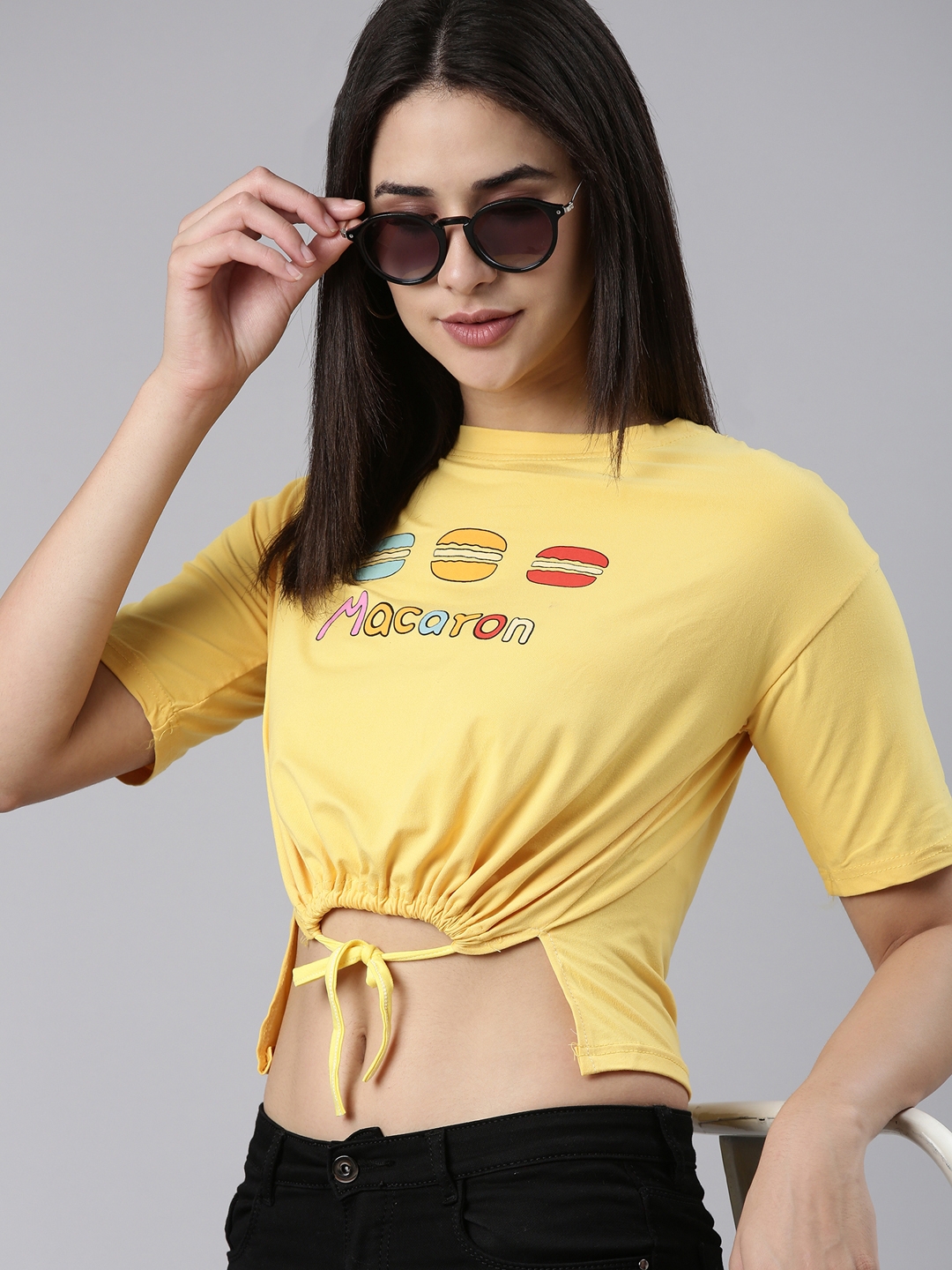 Showoff | SHOWOFF Women's Round Neck Printed Yellow Cinched Waist Crop Top 0