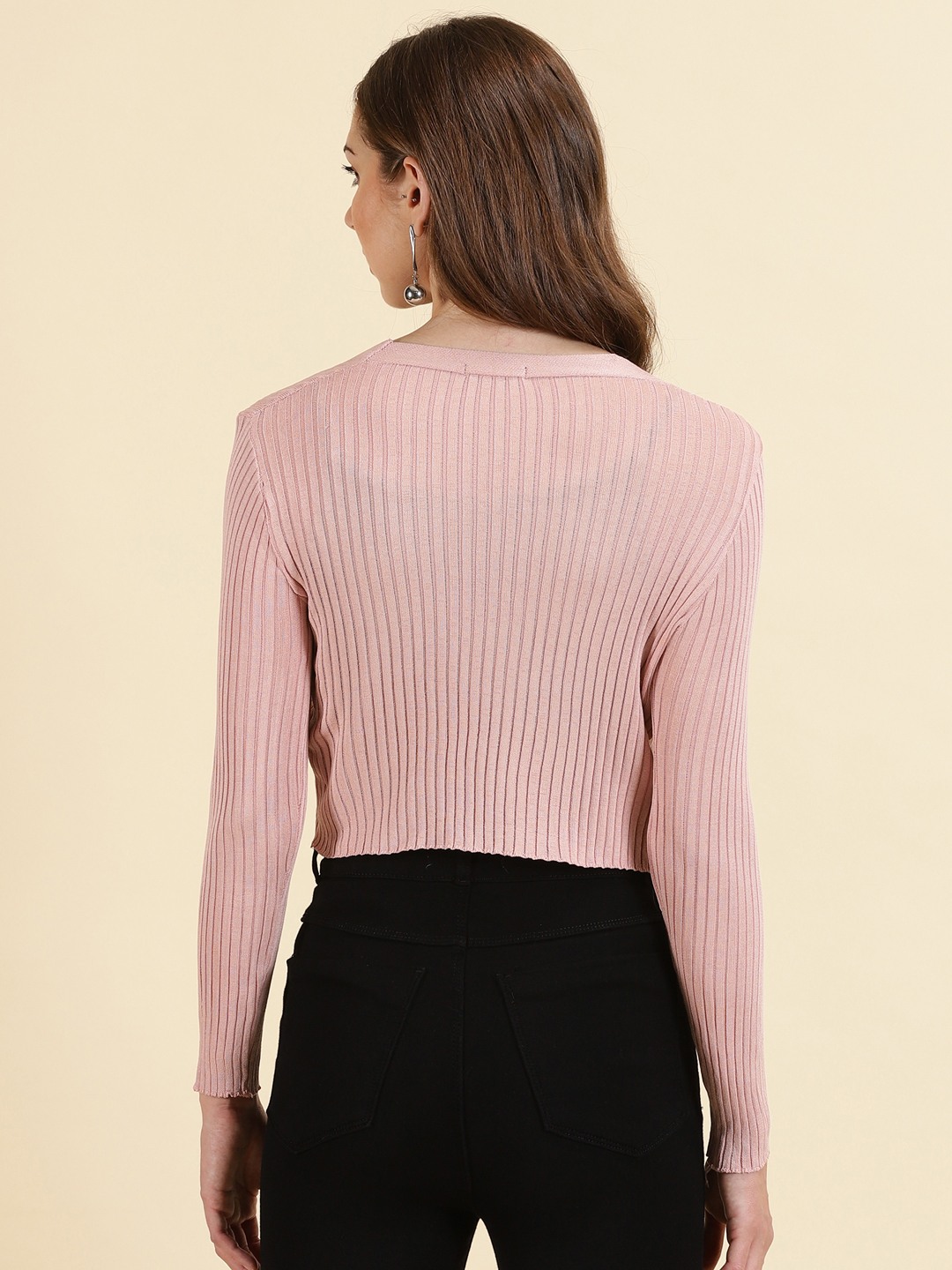 SHOWOFF Women's V-Neck Ribbed Pink Front-Open Sweater