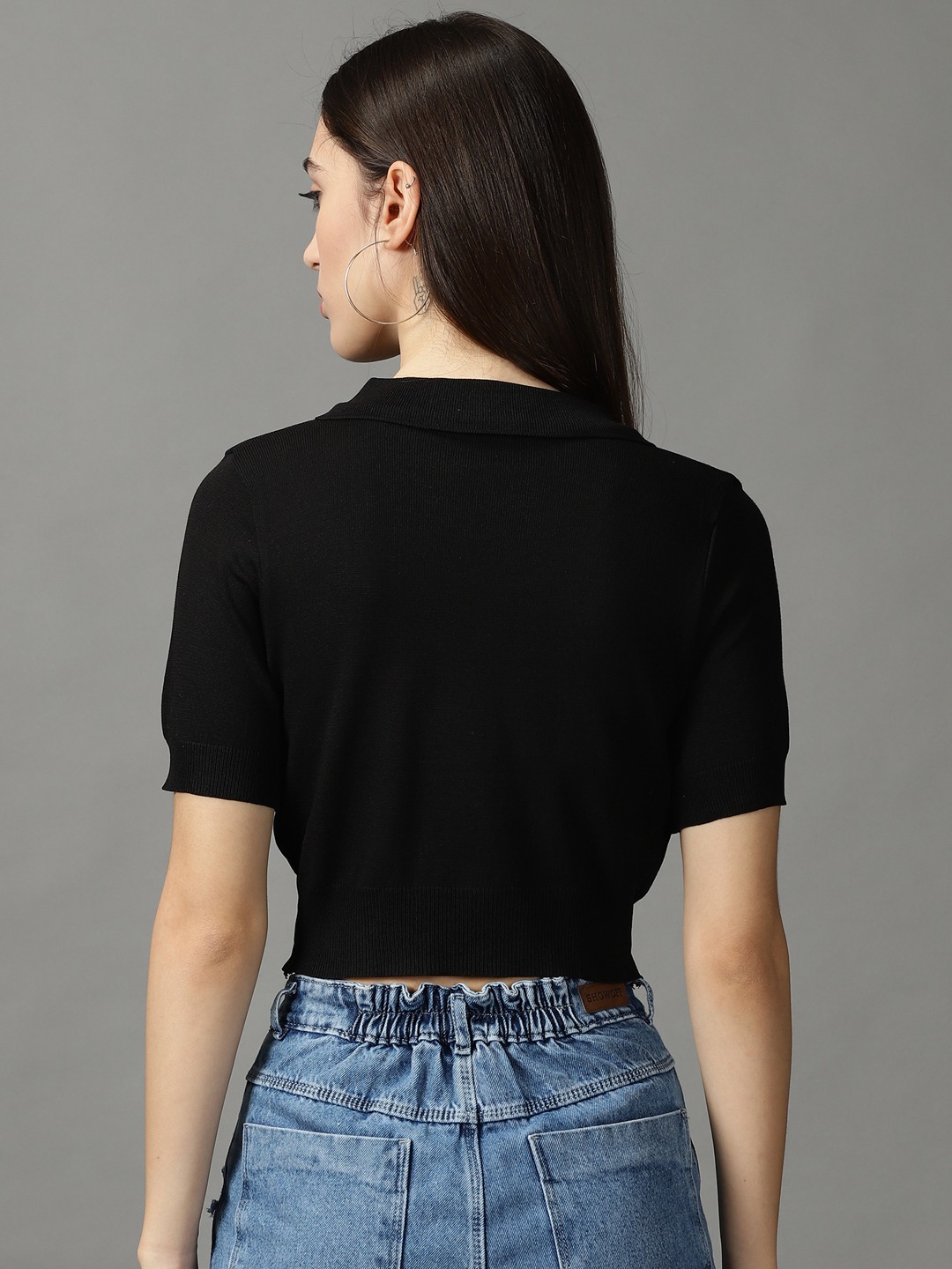 SHOWOFF Women Black Solid Shirt Collar Short Sleeves Crop Fitted Top